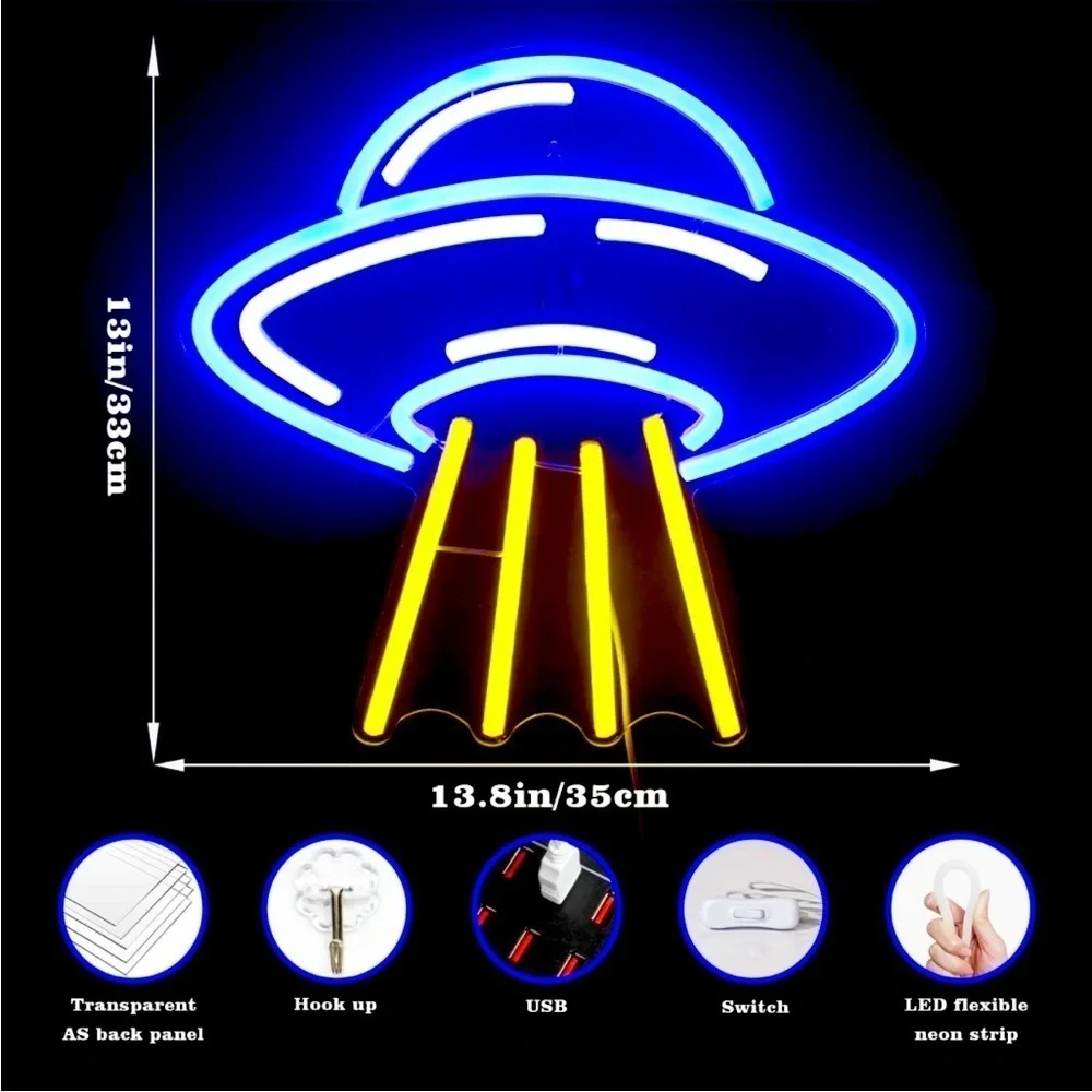 Alien UFO Blue Yellow Neon Room Decor LED Sign Birthday/Party/Festival/Kids Room